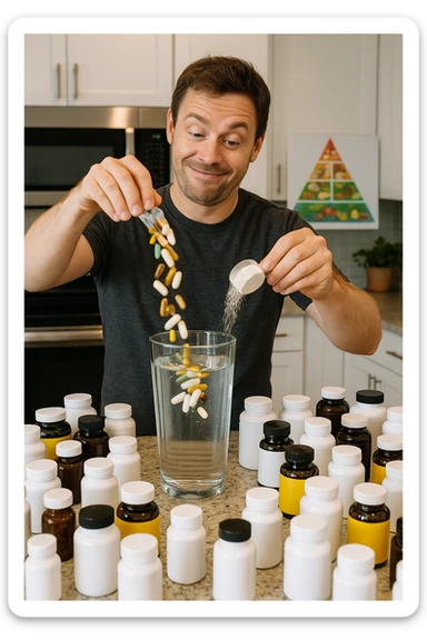a man stands in his kitchen, enthusiastically pouring multiple supplement pills and powders into a large glass of water. The kitchen counter is cluttered with dozens of supplement bottles, and his expression is confident but slightly oblivious. In the background, a nutrition guide or food pyramid is ignored, highlighting his focus on supplements over balanced nutrition. sticker