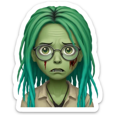 One female green-skinned, zombie with glasses, with ombre black & teal long dreadlocks and a worried expression with a small wound near its mouth. sticker