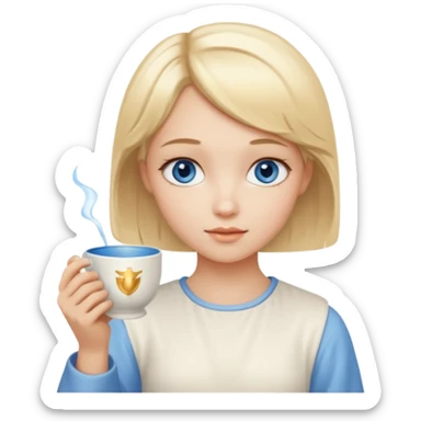 angelic blonde girl with short hair and blue eyes holds a cup sticker