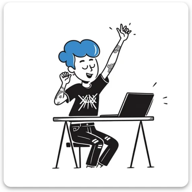 Rock musician girl with half-shaved head and blue hair, arm tattoos, multiple ear piercings, wearing ripped jeans and metal band shirt, sitting at desk with laptop and raising hand enthusiastically sticker