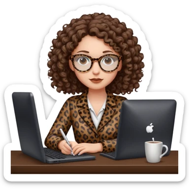 a white young woman with curly brown hair typing in a computer, she's using dark brown leopard glasses and clearly writing something sticker