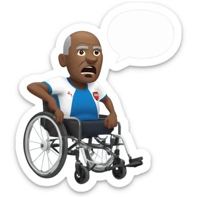 old black bald man with a round belly in wheelchair. angry face. grey stubble. he is pointing finger in front. wearing Arsenal soccer shirt. a speech bubble with the word: "Mojdeh!" sticker