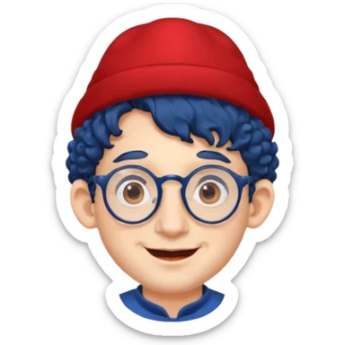 dark blue haired man curly hair with big ears and red earrings and spectacles happy and hat wearing sticker