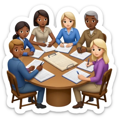 People sitting around a table with farm documents sticker