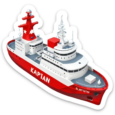 Realistic 3D icon of icebreaker "Kapitan Krutov" (grey hull, red star, white superstructure, "РОСМОРПОРТ" lettering). Soft winter lighting, 3/4 aerial view. Fractured blue ice, white background. High detail, photorealistic GSON style. sticker