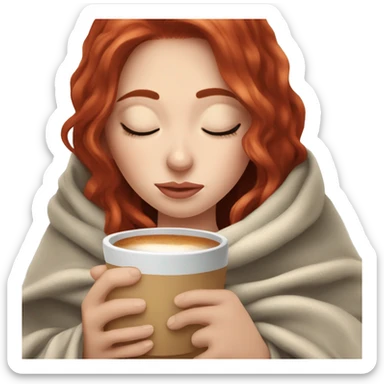 white girl red hair inside a blanket sipping coffee eyes closed sticker