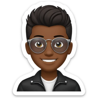 14 year old Mexican with a black pompadour with the left side of his hair a little bit on the face grinning with sunglasses sticker