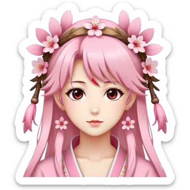 A Gorgeous Beautiful Anime Lady with a Sakura Cherry Blossom Headdress and Pretty Hair  sticker