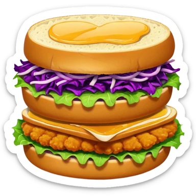 Spicy stacked chicken sandwich — two thick golden toast slices, a crispy breaded chicken fillet, green lettuce, and purple cabbage slaw, with glossy dark sauce dripping down the sides. sticker