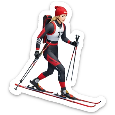 An icon featuring a biathlete skiing along a winding trail with a rifle on their back, surrounded by a beautiful snowy landscape with mountains and pine trees. A target range appears in the distance. Transparent background highlights the blend of endurance, precision, and winter beauty. sticker