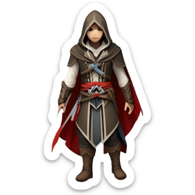 An icon representing an adventure game, inspired by Assassin's Creed. The design features a heroic character in hooded attire, scaling a tall building in a historical cityscape. The background shows ancient architecture and hidden symbols, symbolizing exploration and stealth. Transparent background  sticker
