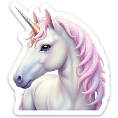 Beautiful and Majestic Unicorn Pony Portrait Emoji, Head and body radiating gentle magic with a soft pastel color, a delicately sparkling horn and eyes gently closed in peaceful wonder, Simplified yet exquisitely endearing features, highly detailed, glowing with a soft, ethereal light, high shine, serene and utterly majestic, stylized with an air of fairy-tale regality, soft glowing outline, capturing the essence of a beautiful and majestic unicorn pony that embodies the enchanting spirit of a dream! sticker