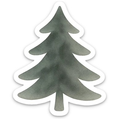 single simple evergreen tree in folk art style, dark neutral forest color tones, watercolor texture with outlines, suitable for favicon sticker