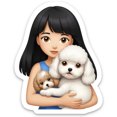 A beautiful girl with long black hair and bangs hugs a little Bichon Frise tightly sticker