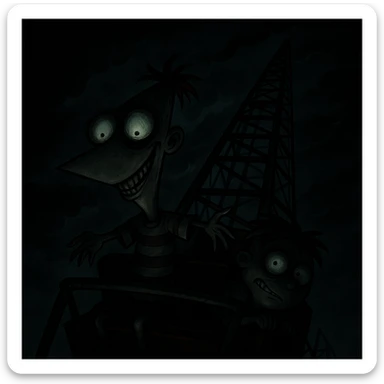 Make this cartoon style scene scary with a creepy atmosphere, dark shadows, and unsettling facial expressions. Keep the cartoon style but add a sense of horror and unease. sticker