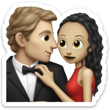 White man in black dress hugs and kissing Alien reptilian woman in red dress  sticker
