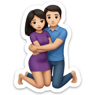 man with dark hair on knees, facing dark haired standing woman, hugging her waist sticker