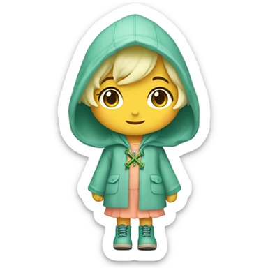 Cute little girl with light blue hair with peach skin, with yellow raincoat hooded with green boots holding a staff, with a cross necklace, Sanrio design sticker