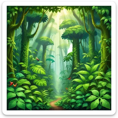 Cinematic Realistic Rainforest Emoji in a wooden frame, Lush and vibrant, filled with towering trees, thick vines, and dense green foliage, sunlight filtering through the canopy above, creating dappled patches of light on the rich, diverse undergrowth. The air is heavy with moisture, with mist rising from the forest floor and distant calls of exotic birds and animals echoing through the trees. Soft glowing outline, capturing the essence of a thriving, untamed tropical paradise filled with life! sticker