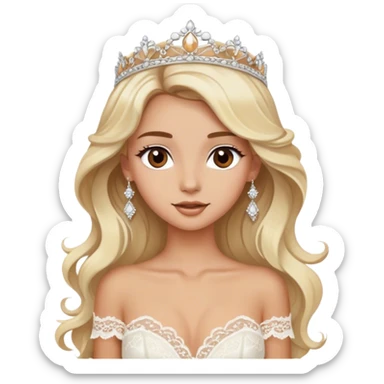 Blonde model with brown eyes, long wavy hair, honeymoon, white silk and lace dress sticker