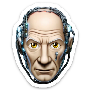 Jean luc picard from Star Trek assimilated by the Borg, with mechanical metal covering only the left side of his face, with wires and a red light on the left side. Both his eyes are unobstructed and are human blue eyes. sticker