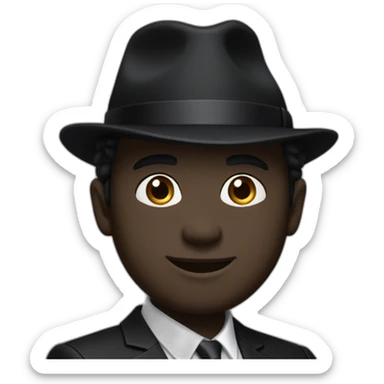 Man with cobalt black skin wearing a black formal suit with a black tie, wearing a fedora with a white stripe on it. sticker