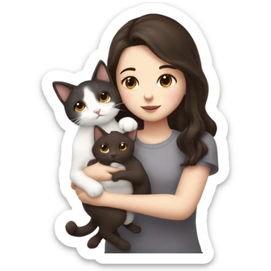 A pale girl with dark brown hair and dark brown eyes holds and kisses a white cat in her hands look at the cat sticker