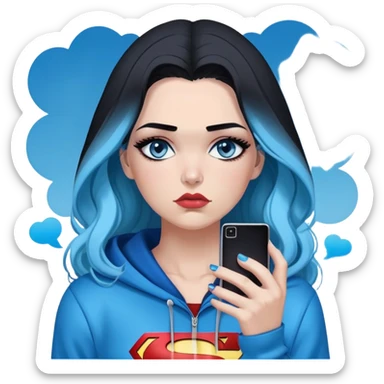 Thought bubble saying I'm sorry-Female-very very very large chest-texting on a samsung cell phone-very long straight black to sky blue hair ombre-blue eyes-black eyeliner-long eyelashes-unzipped hoodie with glitter superman logo-leggings-lippierced sticker