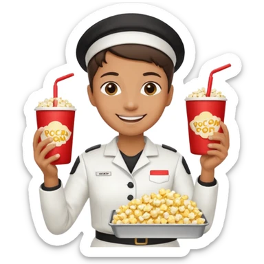A smiling vendor carrying a tray of popcorn and drinks. sticker