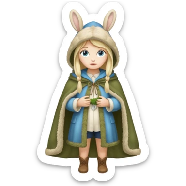 full body woman long blonde hair blue eyes white skin wearing rabbit hat and soft moss cloak sticker