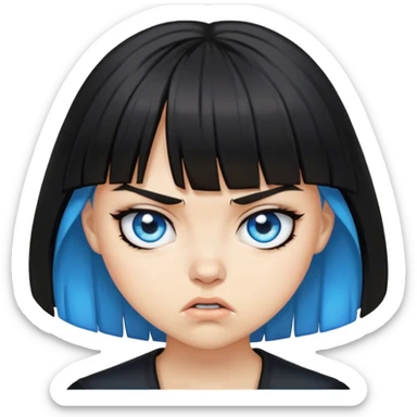 Girl angry wearing black with black medium length hair with bangs and blue eyes sticker