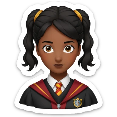 alicia spinnet in harry potter, wear hogwarts gryfindor uniform,  thick, black bun hair, black skin sticker