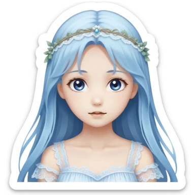 Beautiful ethereal pastel transparent translucent Gorgeous spectral dark greyish-blue whitish gloomy spectral Anime Poltergeist Lady with long hair with a beautiful white silky lace dress with a silky lace head band sticker