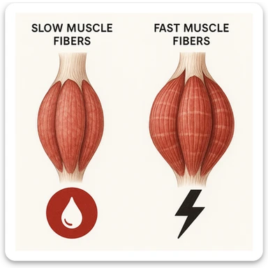 hyper realistic image comparing slow and fast muscle fibers, slow fibers appear saturated and low hypertrophic, saturation symbols, educational atmosphere, anatomical details, white background sticker