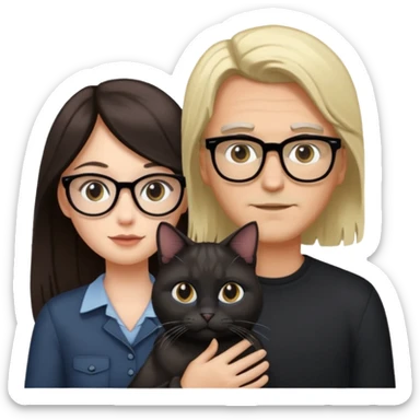 White girl with long dark brown hair and man with blonde hair and glasses. Holding one black cat and one grey cat sticker