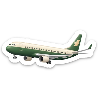 long passenger airplane, fully light beige (milky) color, only dark green (#173e12) inserts, no other colors, simple shapes, Apple emoji style, no text sticker