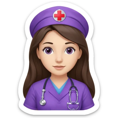 pretty brunette nurse with long hair in purple scrubs sticker