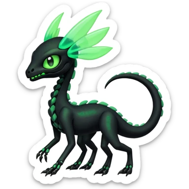 Obsidian-black and neon-glowing-green skeletal Meloetta-Salandit-Gorebyss-Salazzle-Pokémon-Fakémon-creature-fusion-hybrid sticker