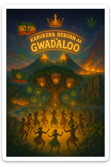 Create a powerful, surreal vision of the Caribbean island Guadeloupe, reimagined as ‘Gwadaloo’ — its sacred, sovereign identity restored. The island is lush, tropical, and volcanic, with two green volcanoes glowing golden at the peaks. In the center stands a giant mystical Drum Tree, its branches bearing carved drums instead of fruit, glowing with rhythmic light. Ancestral spirits of African and indigenous lineage dance in a circle around the tree, surrounded by floating ganja leaves and sacred symbols. Sugarcane fields burn gently in the background, symbolizing the end of colonial suffering. Ruins of colonial buildings crumble into the earth, reclaimed by vines and jungle. Above the island, a glowing banner in the sky reads: ‘Karukera reborn as Gwadaloo.’ A ganja-leaf flag waves high in red, green, and gold, and a golden Creole crown floats in the sky above the island — not worn by any man, but held in rhythm. The ocean is turquoise, the light is divine, and the entire scene radiates spiritual victory, cultural remembrance, and cosmic rhythm. Use a warm, cinematic palette of golds, greens, blues, and purples. Style should feel epic, sacred, and symbolic — a rebirth of Caribbean power. sticker