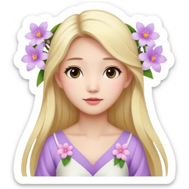 Asian girl with long blonde hair white skin makeup natural with flower in her ear, her dress is white and pink lil flowers  sticker