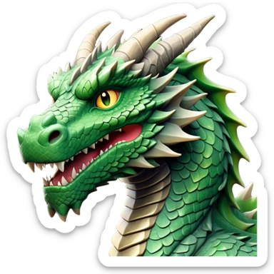 Cinematic Noble Giant Green scaled Dragon Portrait Emoji, Poised and awe-inspiring, with a massive, rugged form carved from ancient stone, featuring intricately textured scales that resemble weathered granite and basalt, and piercing, stony eyes echoing the strength of timeless mountains; rendered with lifelike detail and earthy natural highlights, high shine, formidable and grounded, styled with an aura of primordial majesty, focused and resolute, soft glowing outline, capturing the essence of an enduring rock titan ready to surge from the screen with ageless power! sticker
