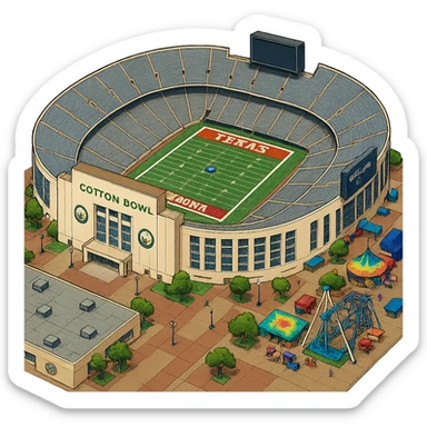 Изометричная, яркая, детализированная и фотореалистичная иллюстрация стадиона Cotton Bowl в стиле 3D-коллажей городов, насыщенные цвета, аккуратные и чёткие линии, мультяшно-реалистичная стилистика. Чёткие контуры, не размазанные линии, высокое качество, прозрачный фон, не обрезать края стадиона. sticker