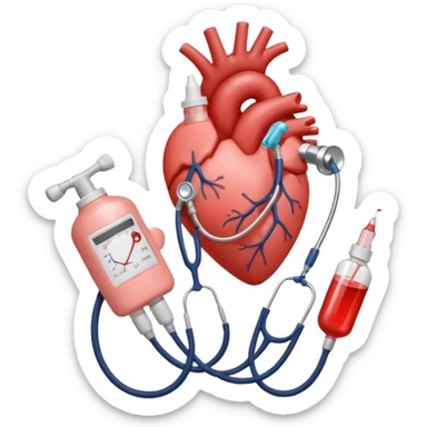 hand holding shape of a loveheart with background of stethescope, heel lancet, baby blood tubes, monitoring cables, baby bottle, cute scrapbooking paper,  sticker