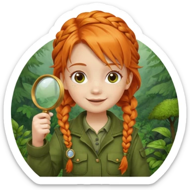 braid orange haired girl kid in moss green explorer outfit, holding magnifying glass, smile sticker