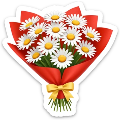 bouquet of daisy with red bow and red wrapping paper sticker