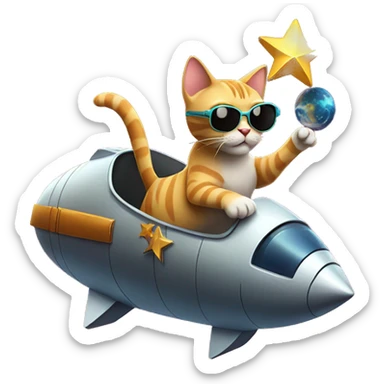 Cat with sunglasses and riding a comet and holding a star sticker
