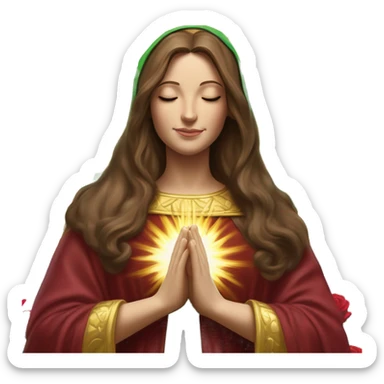 Virgin Mary: kind face looking down at the left, long brown hair, Wearing an emerald green  robe with gold stars and a burgundy red dress,  Hands in prayer or blessing. Halo around her head. standing in front of a big sun. colorful roses on the sides  sticker