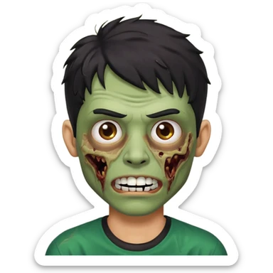 zombi emoji man with a fringe wavy medium black hair, mouth with a white teeth, nose, eyes brown, brown eyebrow, green skin, black shirt sticker