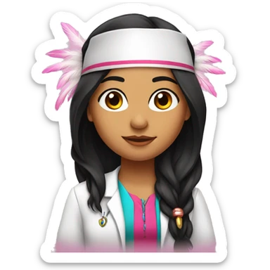  young beautiful Native American female idol scientist with feather earrings & long black hair with pink accents sticker