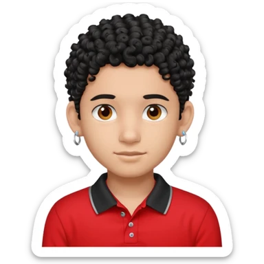 teen boy, indian, black curly hair, undercut hairstyle, silver earring in one ear, red polo shirt, silver chain sticker